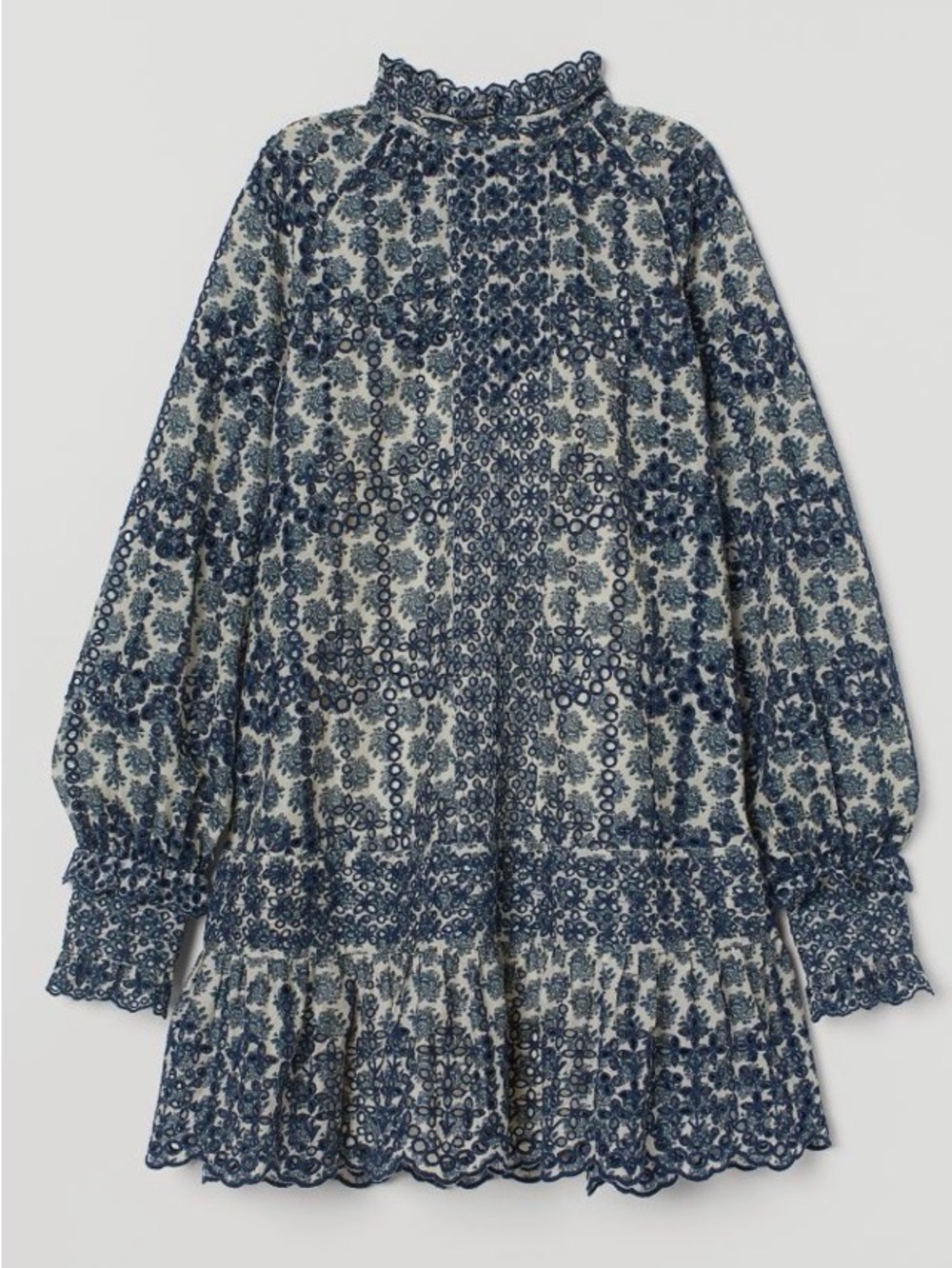 Sabyasachi Navy Blue and Cream Long Sleeve Floral Lace Dress